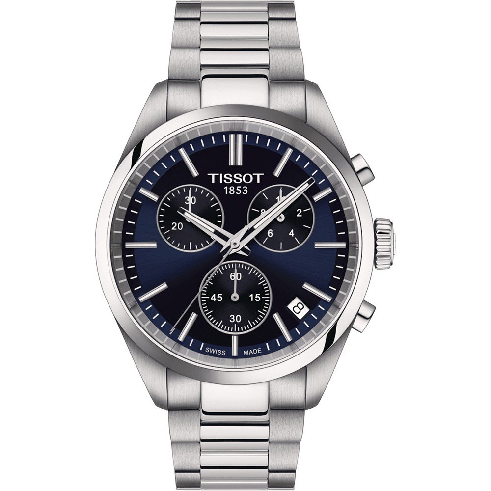 Zegarek Tissot PR 100 Chronograph z niebieską tarczą, stalową kopertą i bransoletą.