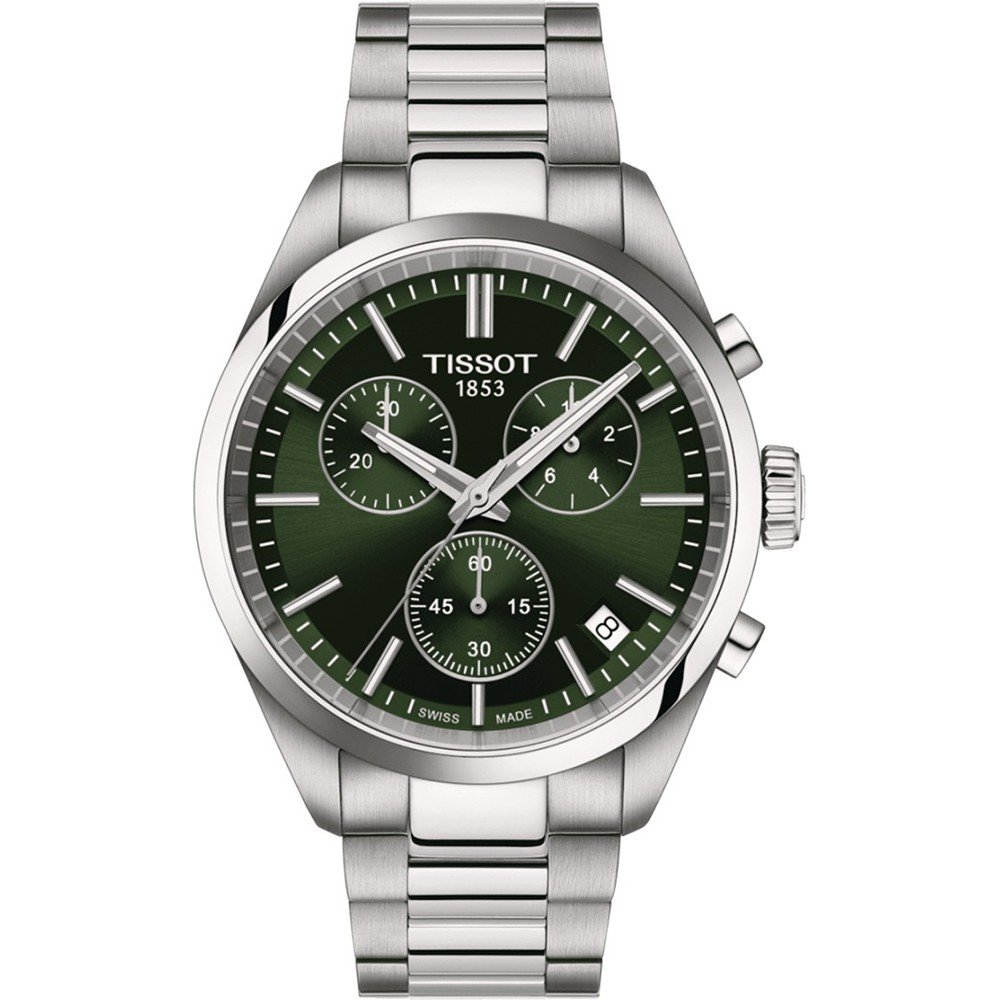 Zielony zegarek Tissot PR 100 z chronografem, stalowa koperta i bransoleta, okrągła tarcza z subtarczami.