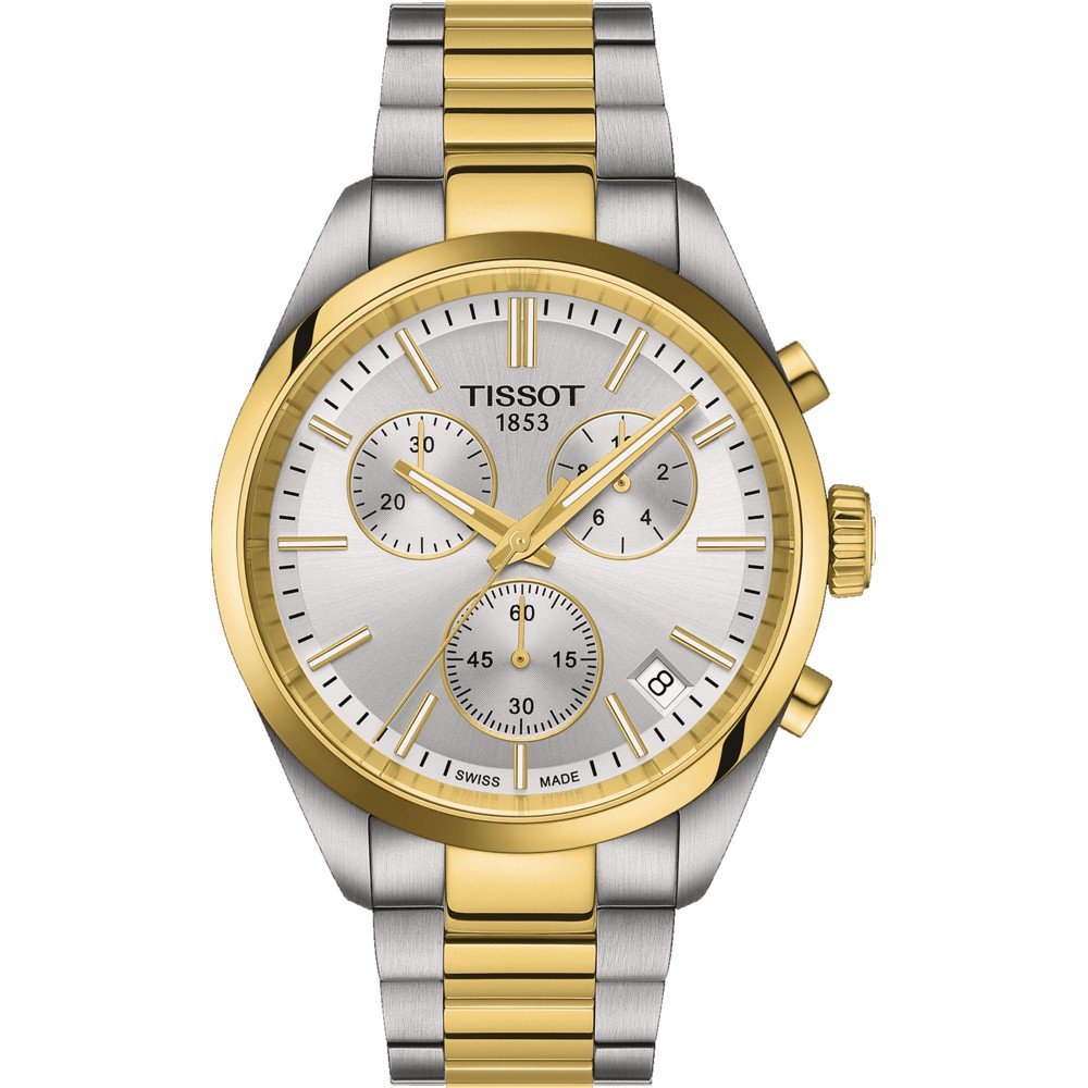 Złoty zegarek Tissot PR 100 z srebrną tarczą, stalową kopertą i bransoletą w kolorze złotym i srebrnym.