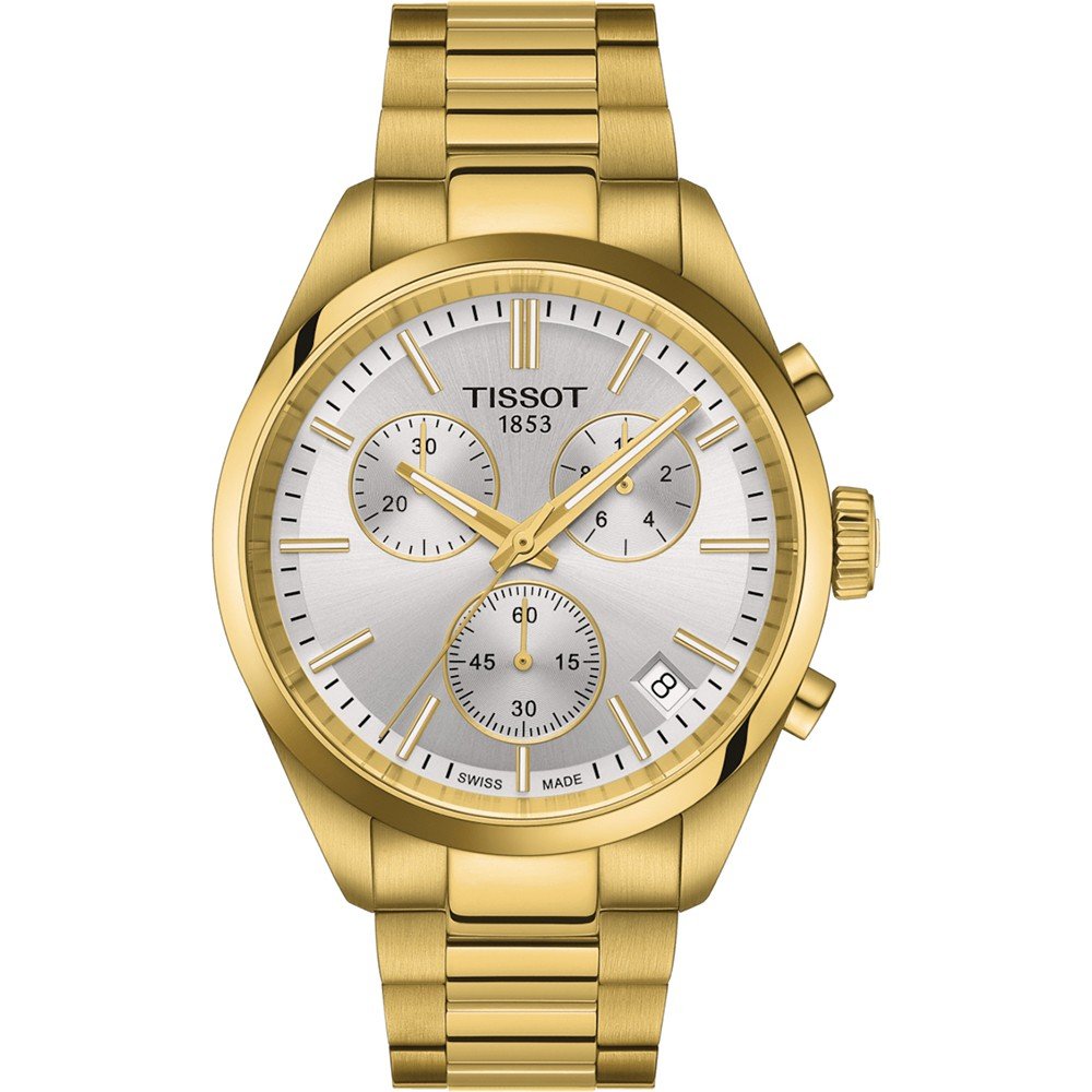 Złoty zegarek Tissot PR 100 z białą tarczą, trzema sub-tarczami i metalową bransoletą.