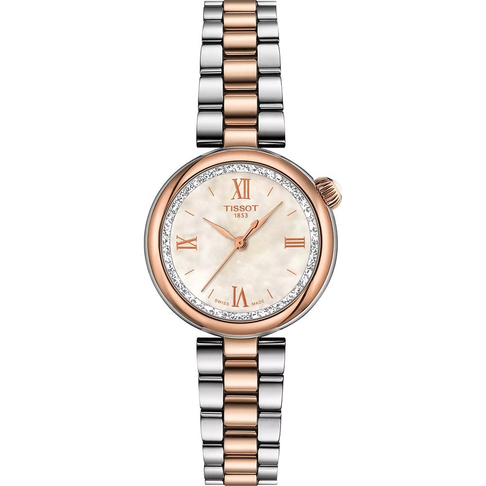 Zegarek Tissot Desir z różowo-złotą kopertą, białą tarczą i diamentowym bezel.