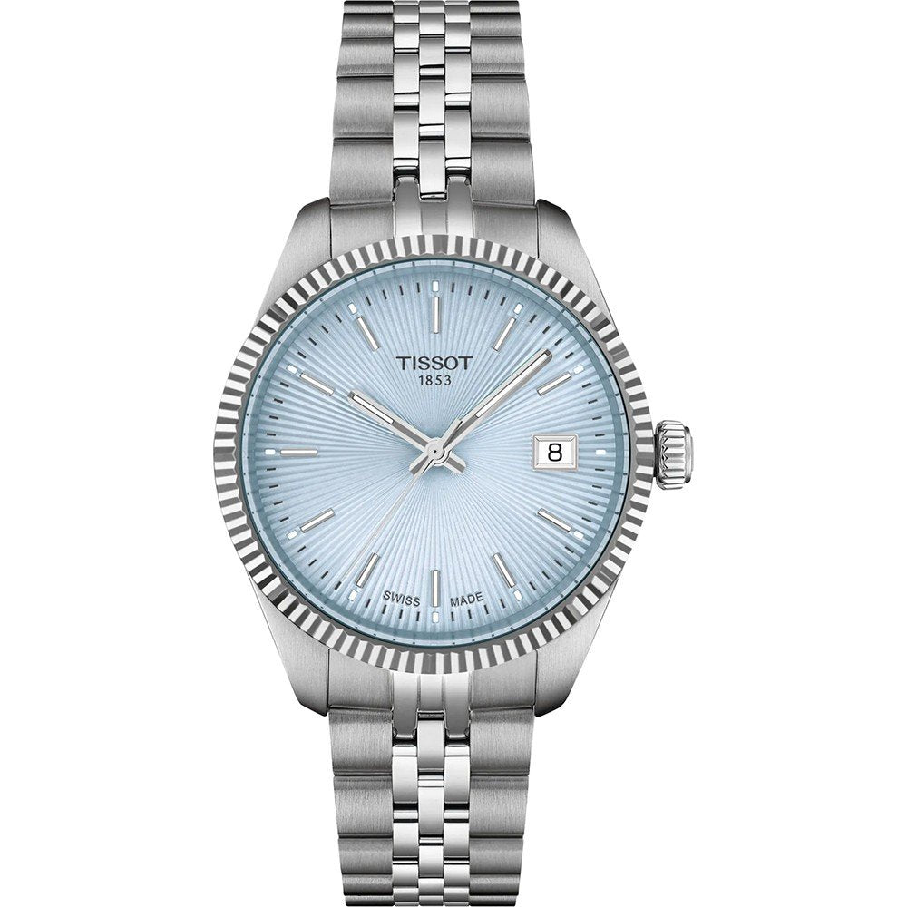 Zegarek Tissot z niebieską tarczą, stalowa koperta o średnicy 34 mm i bransoleta ze stali.