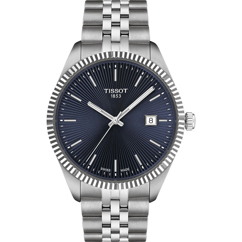 Zegarek Tissot Ballade 40mm z niebieską tarczą, stalową kopertą i bransoletą.