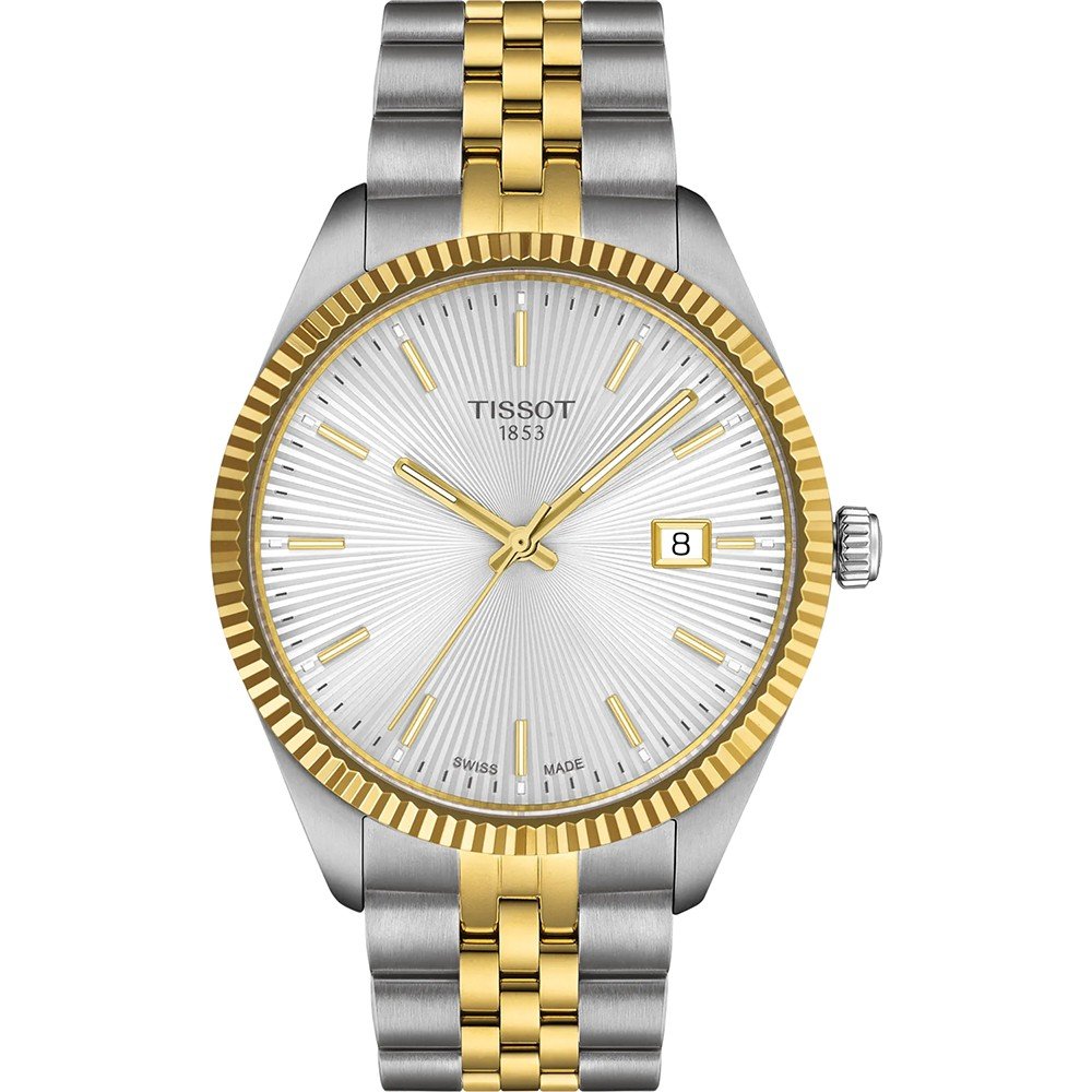 Zegarek Tissot z 40 mm kopertą, srebrną tarczą i złotym, żłobionym bezel, na bransolecie.