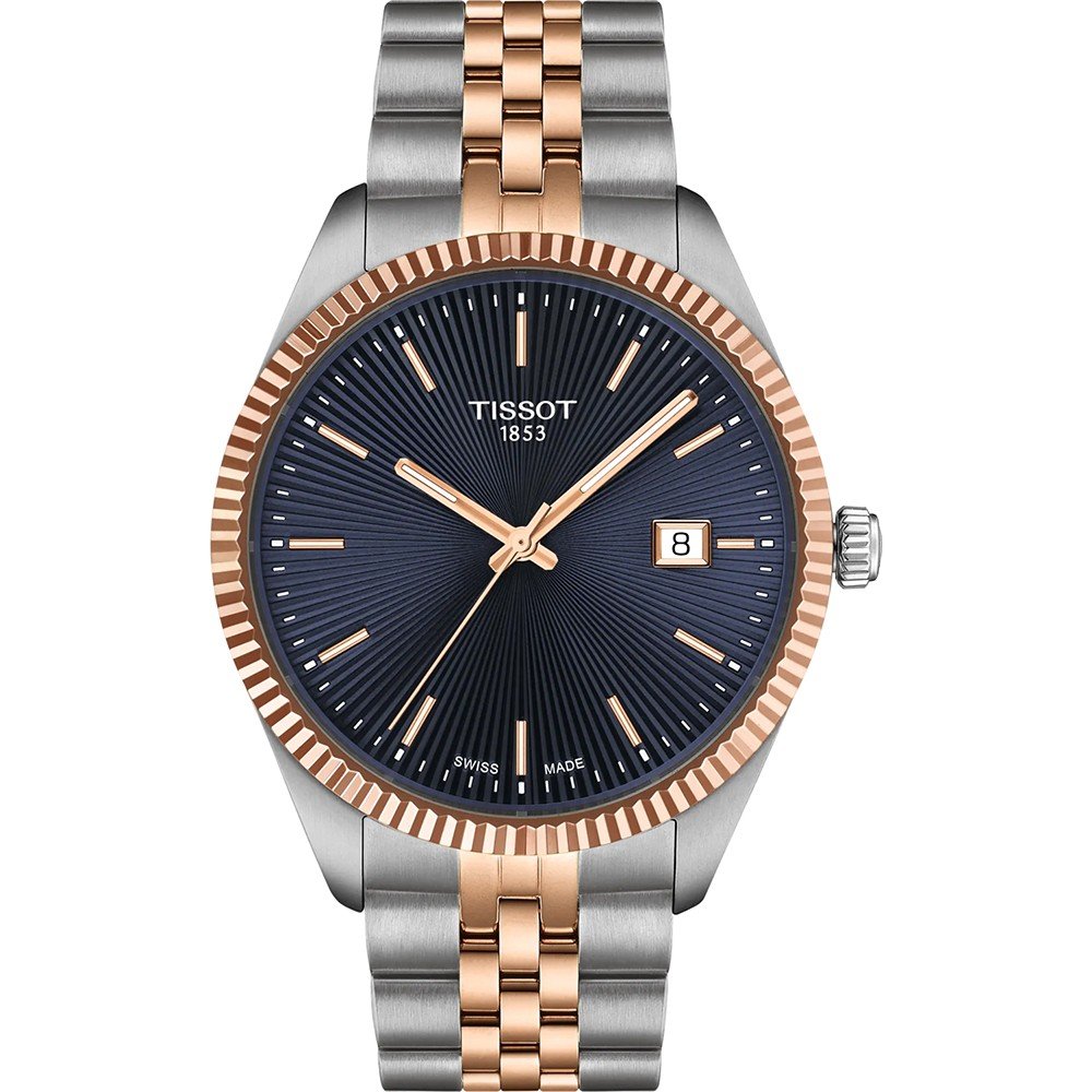 Zegarek Tissot Ballade 40mm z niebieską tarczą, stalową kopertą i bransoletą w kolorze srebrnym i różowego złota.