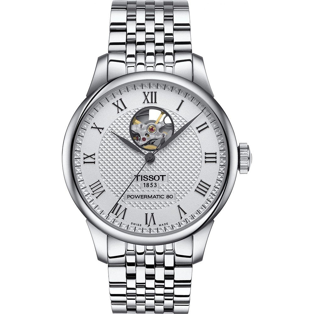 Zegarek Tissot Le Locle Powermatic 80 z otwartym sercem, srebrna tarcza, stalowa bransoleta.