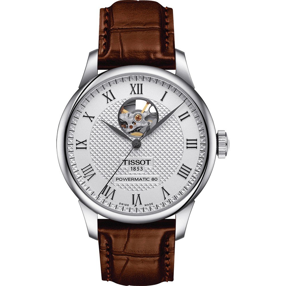 Zegarek Tissot Le Locle Powermatic 80 z otwartym sercem, srebrna tarcza, brązowy pasek skórzany.