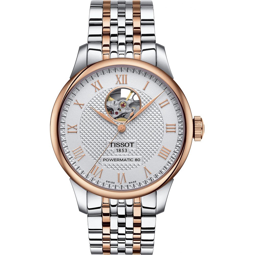 Zegarek Tissot Le Locle Powermatic 80 z otwartym sercem, stal nierdzewna, srebrna tarcza, złote akcenty.