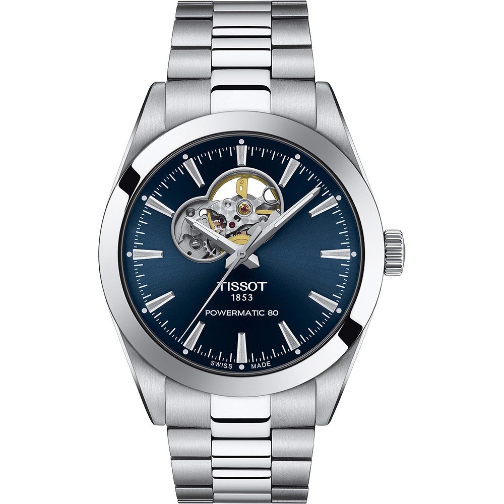 Zegarek Tissot Gentleman Powermatic 80 z niebieską tarczą, stalowa koperta i bransoleta.