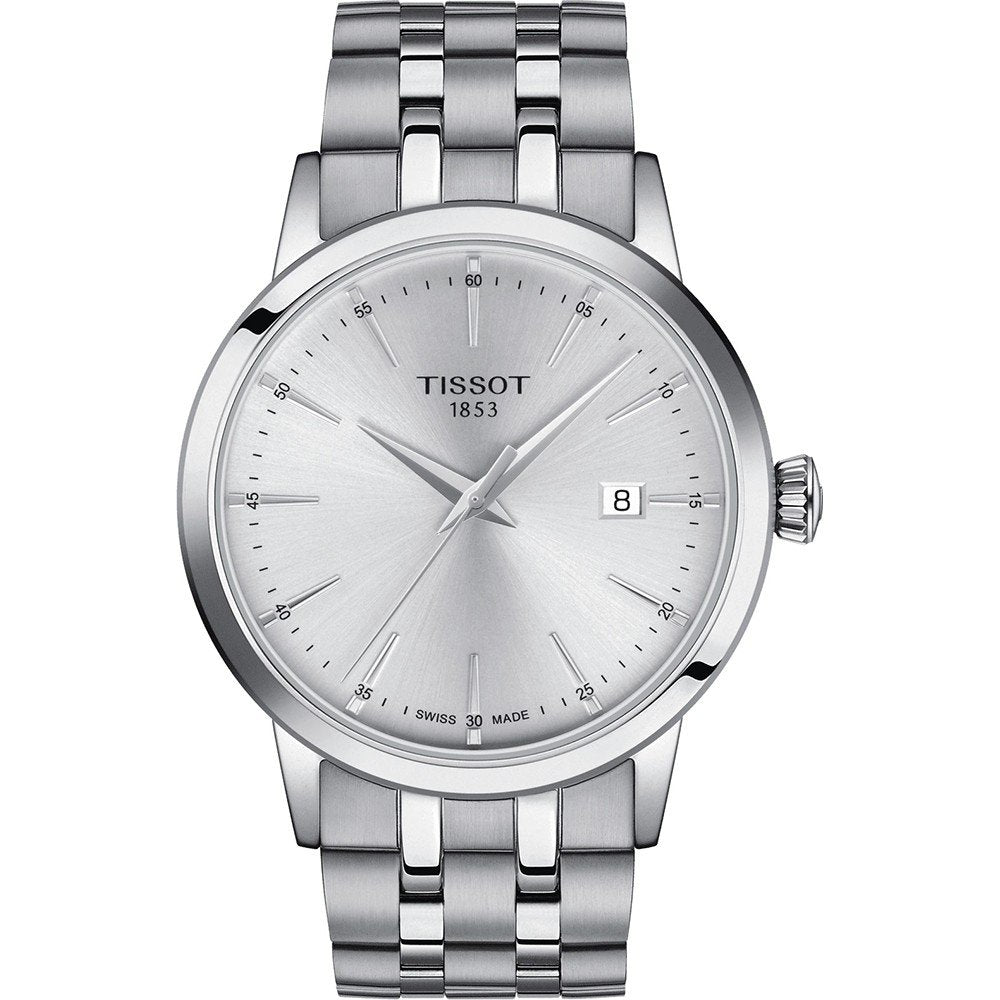 Srebrny zegarek Tissot Classic Dream z metalową bransoletą i okrągłą tarczą.