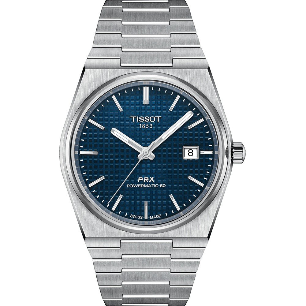 Srebrny zegarek Tissot PRX Powermatic 80 z niebieską tarczą i bransoletą ze stali nierdzewnej.