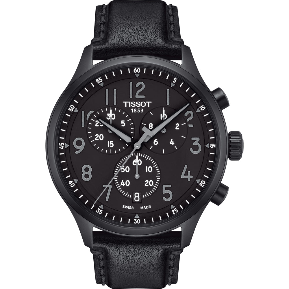 Czarny zegarek Tissot Chrono XL Vintage z okrągłą tarczą, skórzanym paskiem i chronografem.