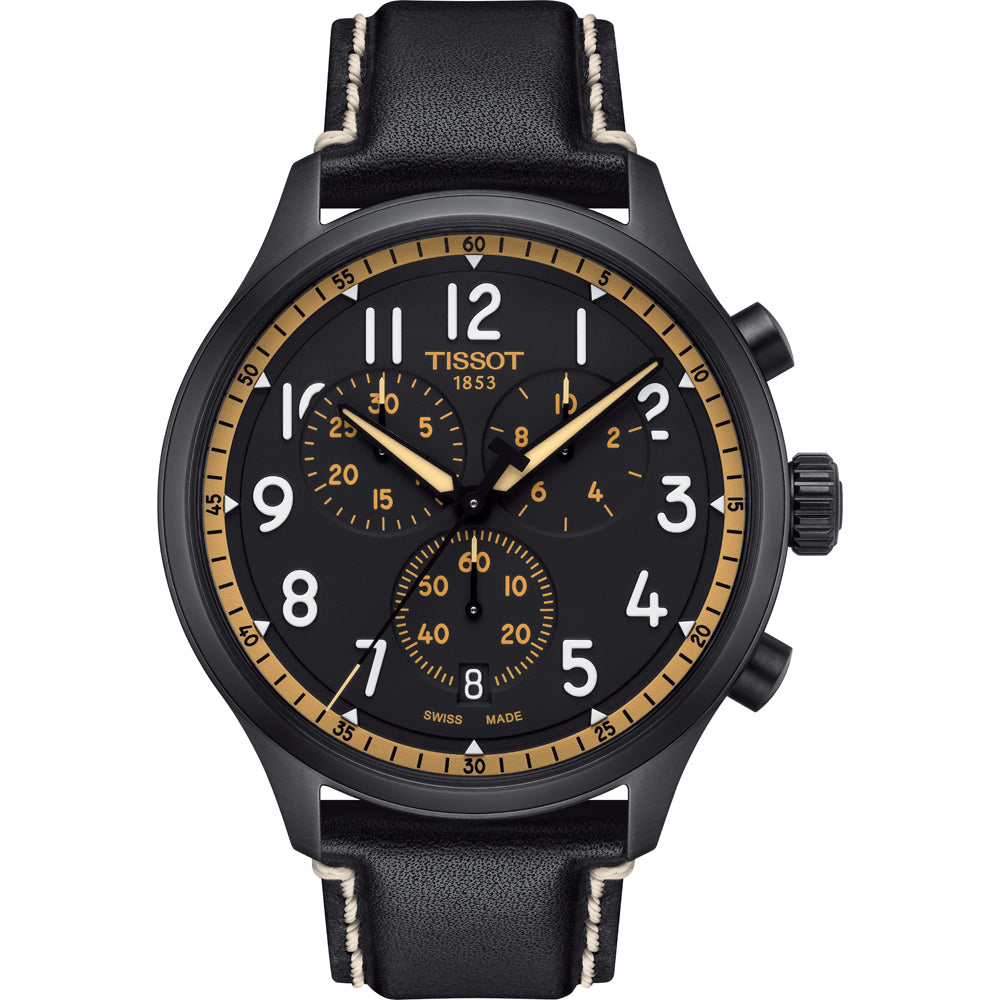 Czarny zegarek Tissot Chrono XL Vintage z brązowymi detalami, skórzanym paskiem i dużą tarczą.