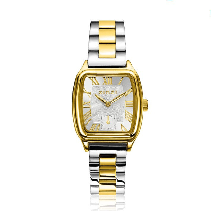 Bicolor horloge met een zilveren en gouden band, vierkante kast, witte wijzerplaat en Romeinse cijfers.