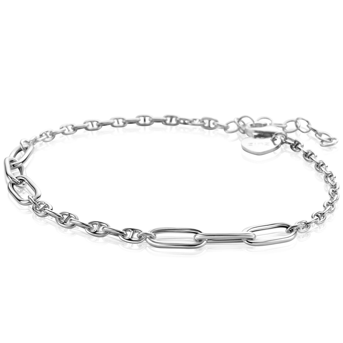 Zilveren armband met schakels in verschillende vormen en een verlengketting.