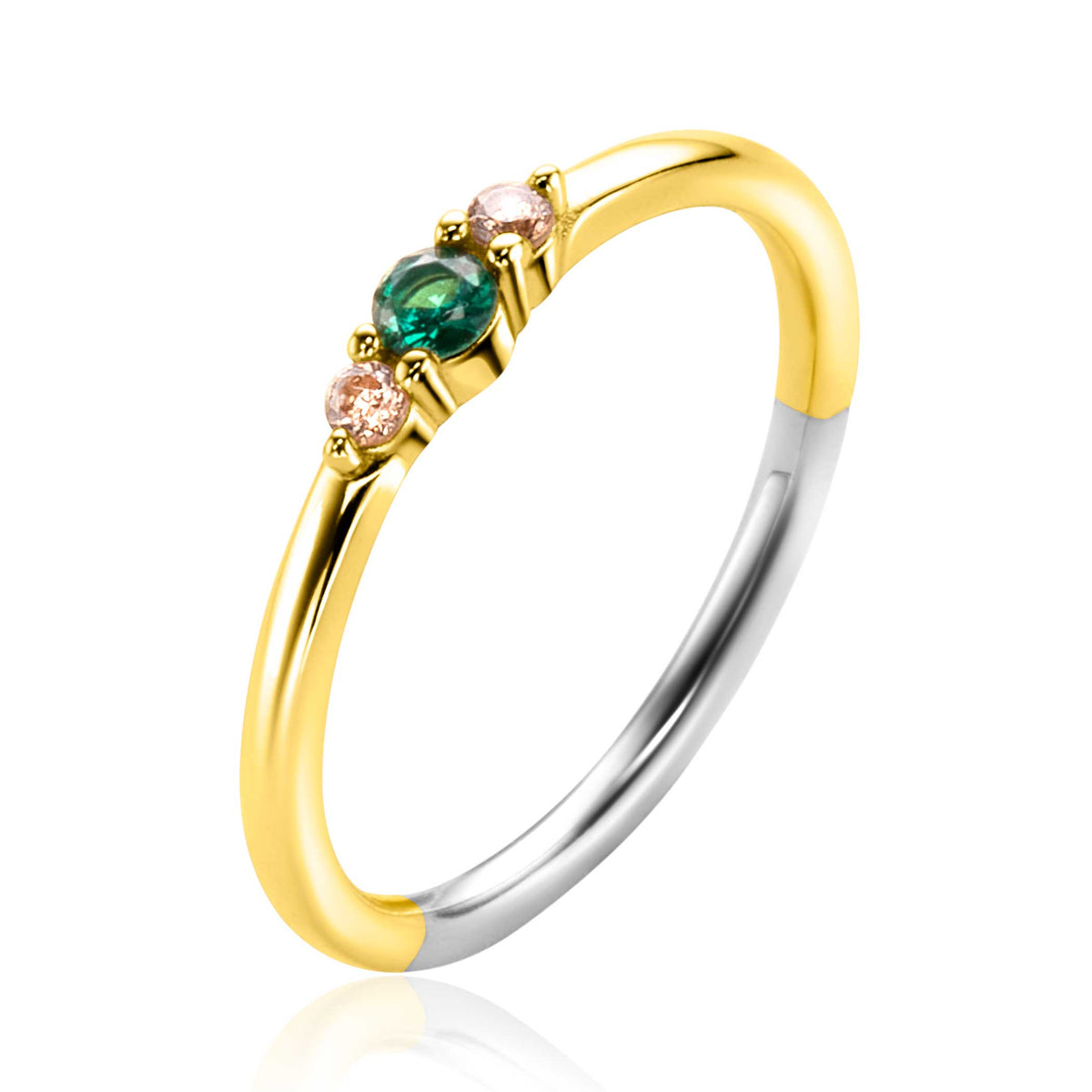 Gouden ring met een groen en twee roze steentjes, afgewerkt met een zilveren band.