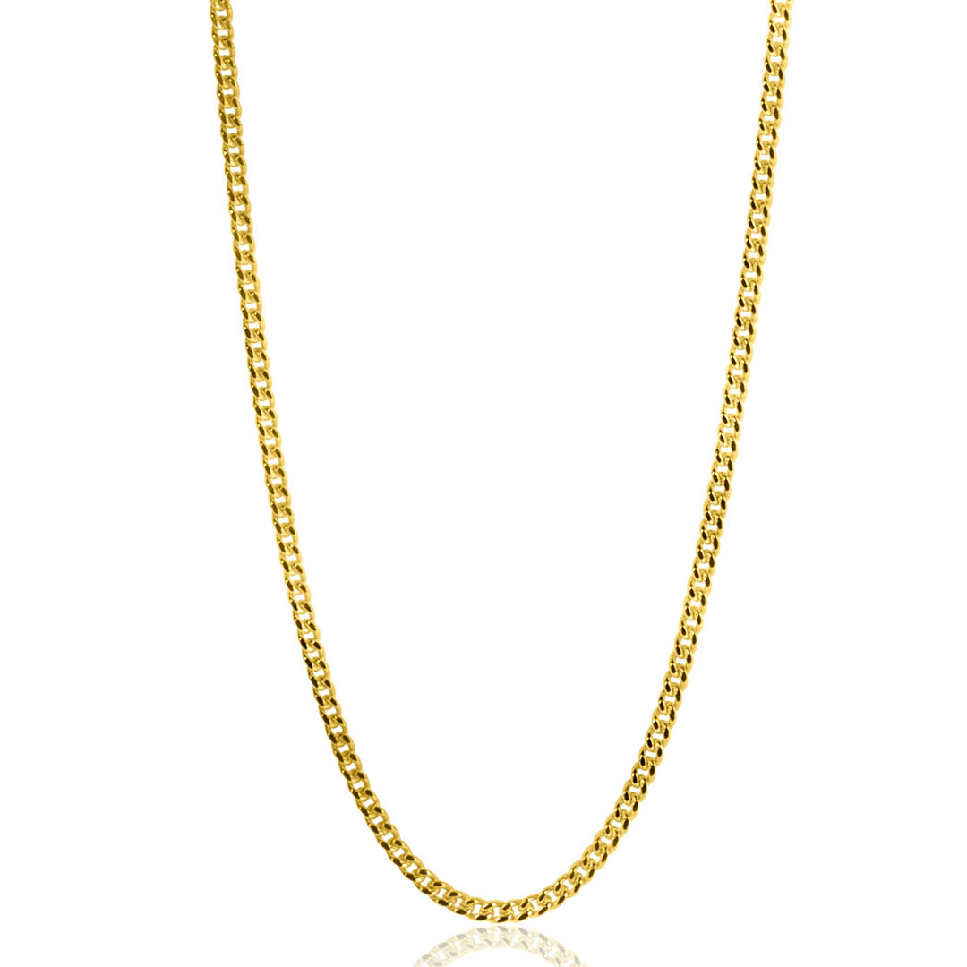 Een gepolijste Zinzi Ketting Goud Zglg45 1 wordt getoond op een effen witte achtergrond, waardoor het strakke 14 karaat gouden ontwerp en het uniforme gourmet schakelpatroon worden benadrukt.