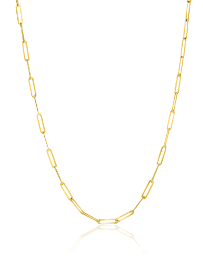 Tegen een witte achtergrond wordt de Zinzi Ketting Goud Zgc298 in een zachte curve weergegeven. De langwerpige paperclip-schakels laten de elegante eenvoud van het ontwerp zien, wat nog eens wordt benadrukt door het reflecterende oppervlak van de ketting.