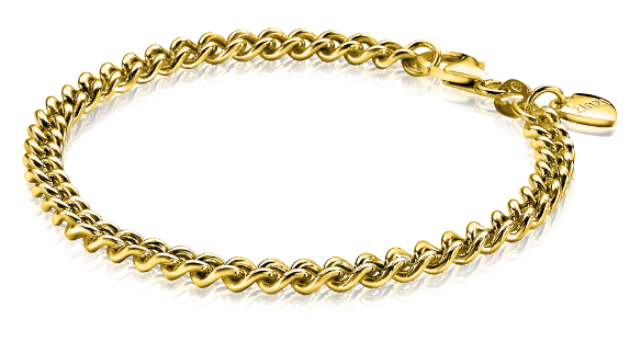 De Zinzi Armband Gold Plated Zia1414 G heeft een elegante gouden ketting met in elkaar grijpende schakels, een sluiting en een kleine ronde gegraveerde hanger. Tegen een witte achtergrond straalt het luxe uit.