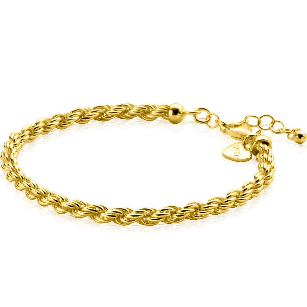 Maak kennis met de Zinzi Armband Gold Plated Zia2343 G, een vergulde touwkettingarmband met een karabijnsluiting, verstelbare schakels en een hartaccent. Dit elegante stuk combineert glans met een gedraaid ontwerp, wat de stijl van een zilveren koordarmband weerspiegelt.