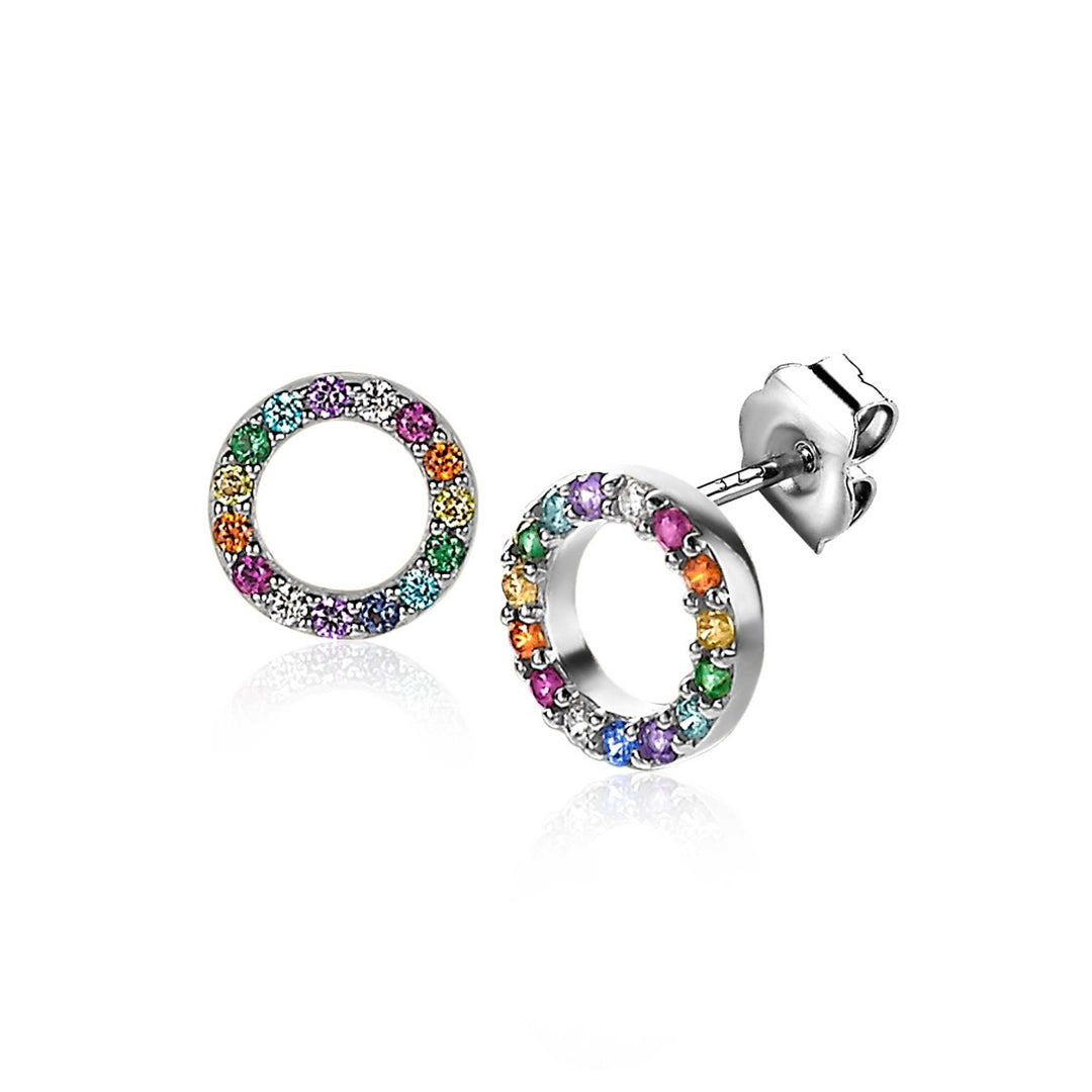 Zinzi Oorbellen Zilver Zio2170 Z: zilveren knopjes van Zinzi met kleine regenboogkleurstenen rond de ring en vlindersluiting. Code: ZIO2170Z.